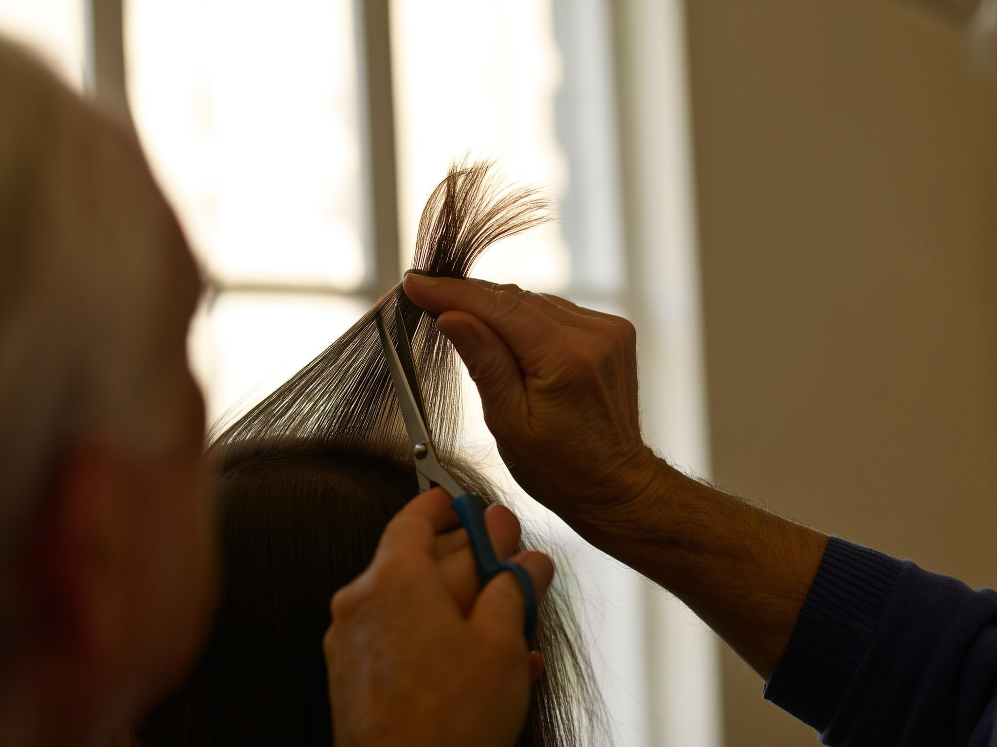 Twee handen houden een lok haar strak en zetten er met de schaar de lengte in, tegen het licht van het raam.