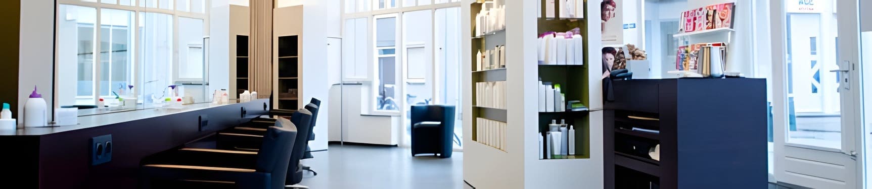 Brede blik door de salon: de spiegelwand met kappersstoelen, een lichte wachthoek en schappen met verzorgingsproducten.