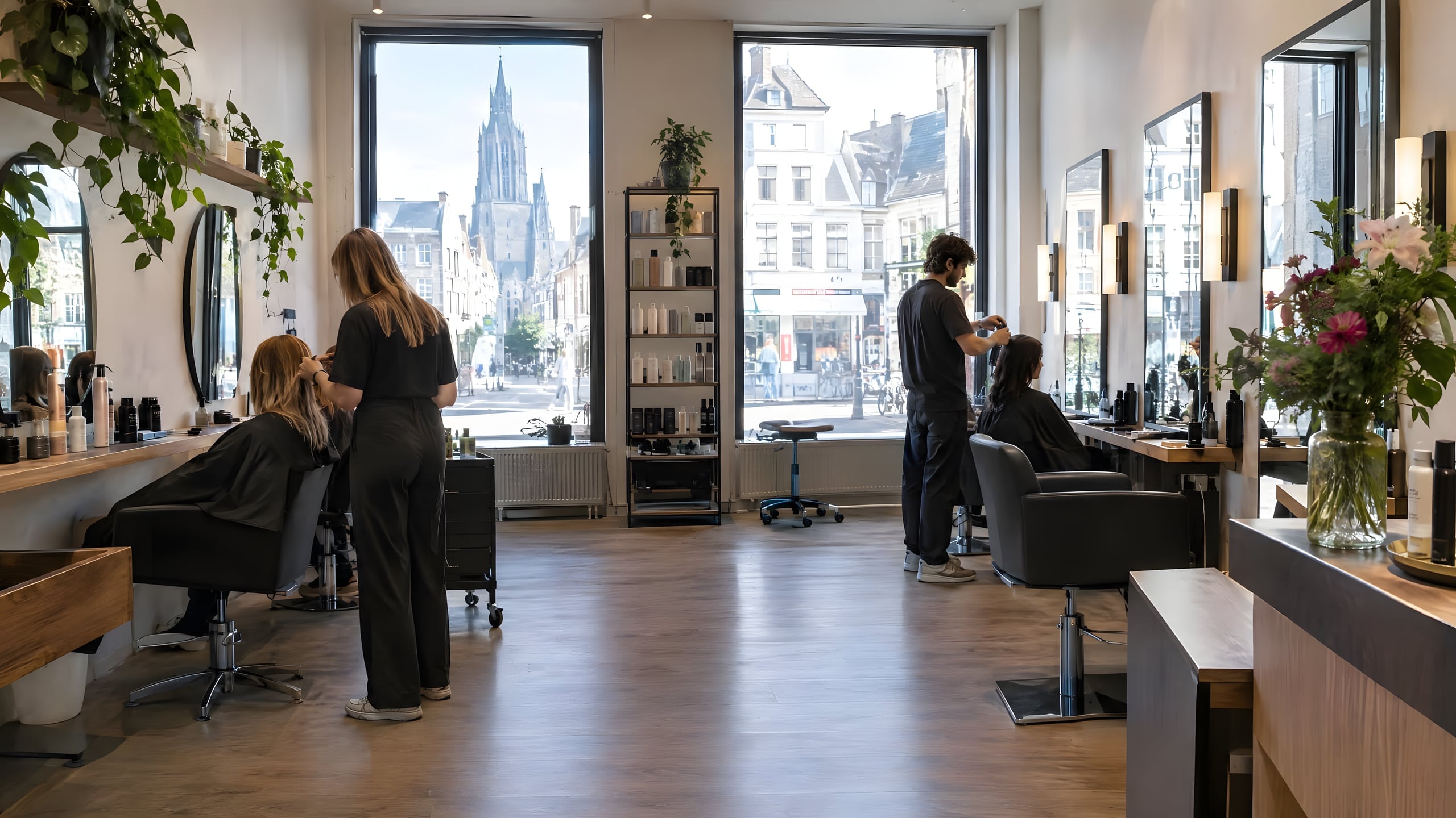 Lichte kapsalon met hoge ramen, kappers aan het werk bij de stoelen en uitzicht op een oude kerktoren in de binnenstad.